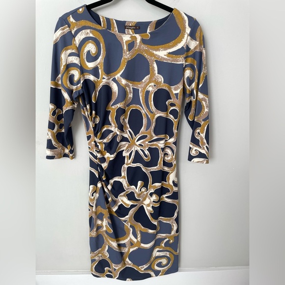 J. McLaughlin Ruched Catalina Abstract Print 3/4 Sleeve Dress Size Small Blue 18 - Picture 1 of 7